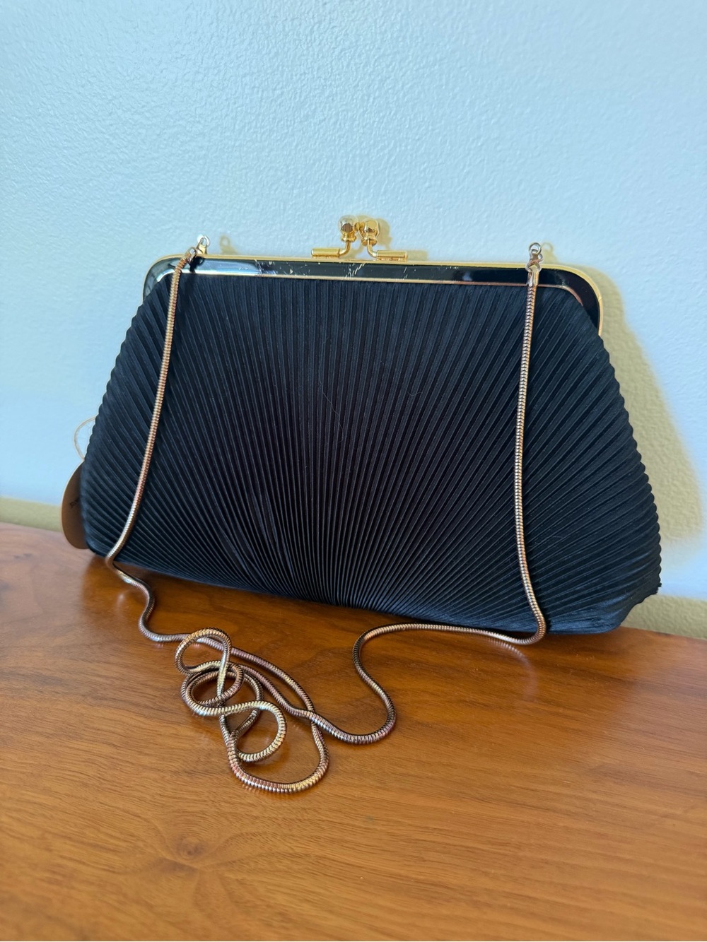 Vintage Black Pleated Evening Clutch with Gold Chain
